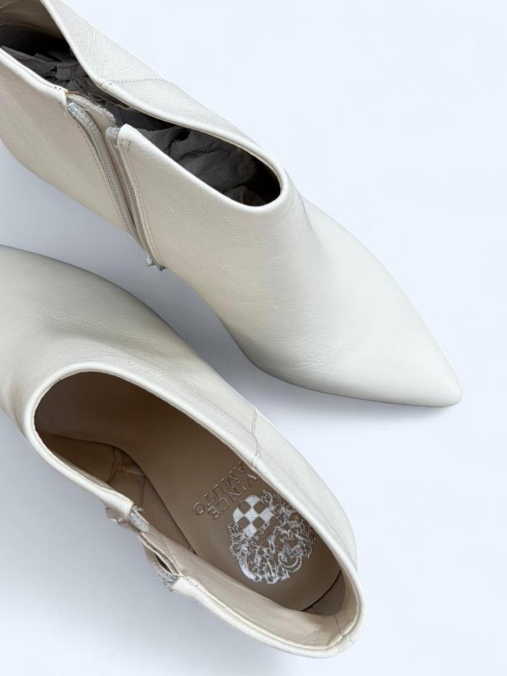 Vince Camuto Off-White Pointed-Toe Real Leather Ankle Booties with Side Zip